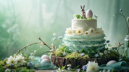 Poster -  a three tiered cake sitting on top of a wooden table covered in flowers and grass with an egg in the top of the cake on top of the cake.