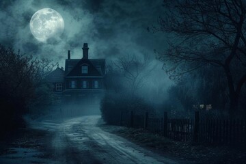 Wall Mural - halloween concept background with a realistic horror house creepy street and moonlight creating a sp