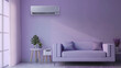 Air conditioner hanging on the wall of a cozy lilac room above the sofa
