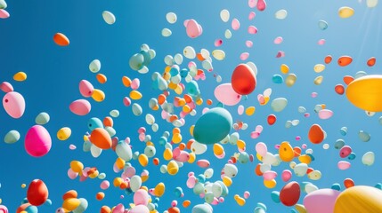 Sticker -  a bunch of balloons that are flying in the air with a blue sky in the back ground and a bunch of balloons floating in the air in the middle of the air.