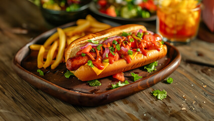 Illustration of a hot dog with French fries side on a wooden plate