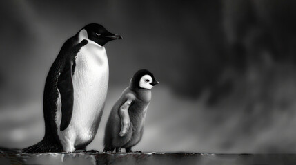  a couple of penguins standing next to each other on top of a body of water in front of a cloudy sky with a black and white sky in the background.