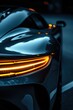 Close up front headlight with yellow xenon light on black sport car at evening scene. AI generated