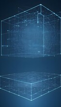 Technology In Abstract Futuristic Idea For A Digital Graphic Line Technology And Blue Square Background Of Wireframe With Plexus Effect. Futuristic Material With Arbitrary Geometric Patterns In Square