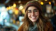 © Viktor - Smiling Woman in Café Wearing a Beanie and Glasses