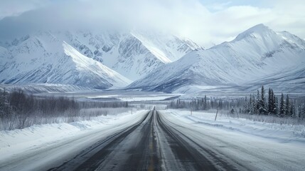 Poster -  a road in the middle of a snow covered mountain range with trees on both sides of the road and snow covered mountains on the other side of the road in the distance.