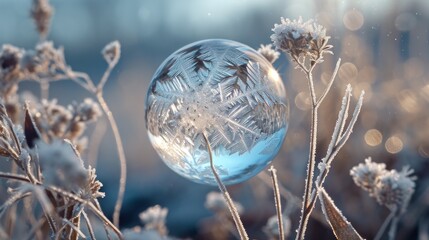 Wall Mural -  a glass ball sitting on top of a plant covered in ice and snow covered plants and snowflakes are in the foreground and a blurry background of the image.
