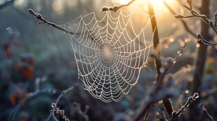 Poster -  a close up of a spider web on a tree with the sun shining through the branches and the water droplets on the drops of the spiderwebweb.