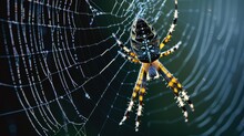  A Close Up Of A Spider On A Cobwe With Dew Drops On It's Back And Yellow And Black Stripes On It's Body And A Black Background.