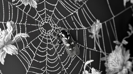Wall Mural -  a black and white photo of a spider's web with dew drops on the spider's web, with a black background with white flowers and a black background.