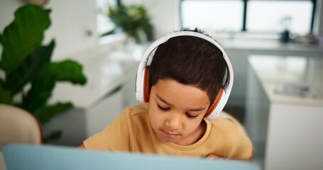 Sticker - Laptop, thinking and headphones for home school with boy student in online class for child development. Computer, education or virtual elearning with young kid in apartment for internet assessment