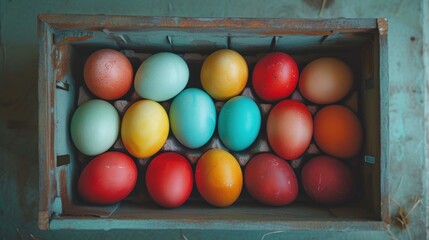 Sticker -  a box filled with different colored eggs on top of a wooden table next to another box filled with eggs on top of a wooden table next to each other box.