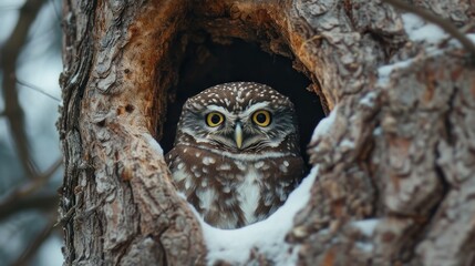 Poster -  a close up of a owl in a tree with snow on the ground and a tree trunk with snow on the ground and a tree trunk with snow on the ground.