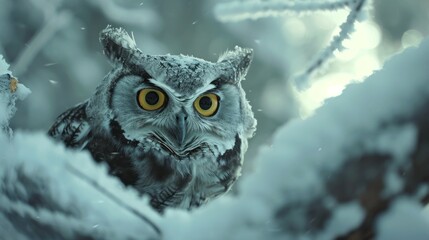 Poster -  a close up of an owl in a snowy area with snow on the ground and a tree in the foreground with snow on the ground and snow on the ground.