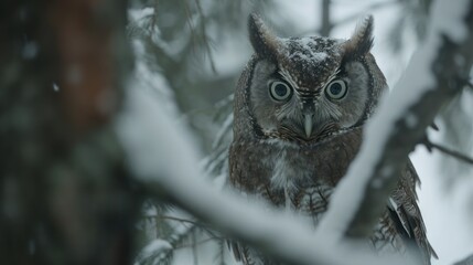 Poster -  a close up of an owl in a tree with snow on it's branches and a blurry background of snow on the branches and branches of the branches.