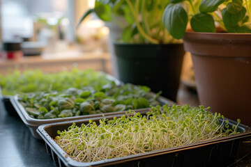 Wall Mural - A tray of sprouts on a table with a plant in it 