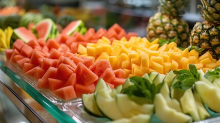 Poster -  a close up of a tray of fruit with pineapple, melon, and watermelon slices on the other side of the tray is a pineapple and a pineapple on the other side.