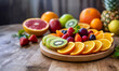 Sliced fresh fruits on wooden serving board