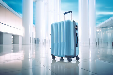 Blue  luggage suitcase sitting on the table in an airport