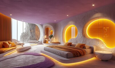 Wall Mural - Futuristic-looking bedroom in yellow-purple neon tones, in the style of a storybook, ultra detailed, biomorphic, solarizing workshop, realistic detailing