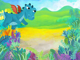 Fototapeta Pokój dzieciecy - cartoon scene with forest jungle meadow wildlife with dragon dino dinosaur animal zoo scenery illustration for children