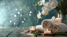  A Couple Of Candles Sitting On Top Of A Wooden Table Next To A Bunch Of White Orchids And Two White Towels On Top Of A Wooden Table With Flowers.