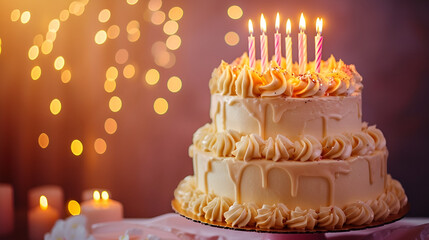 Sticker - white two-tier cake with candles with copyspace, for a birthday on a light background and bokeh with space for text