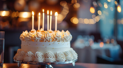 Sticker - white cake with candles with copy space, birthday bokeh with place for text