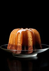 Canvas Print - A bundt cake with caramel drizzle on a black background. Generative AI.