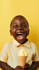 Poster - A young african american boy is holding an ice cream cone. Generative AI.