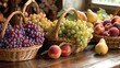  a table topped with baskets of fruit next to a couple of pears and a pear on top of a wooden table next to another basket of fruit on the table.