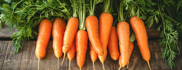 Wall Mural - Organic carrots background, lying on wooden table. Close up image
