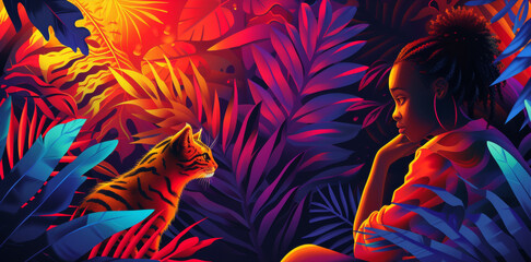 Wall Mural - A woman sitting in a jungle with her cat looking at something, AI