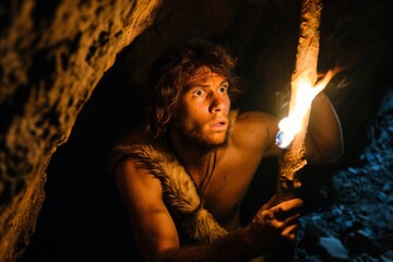 Leinwandbilder - A lone figure bravely illuminates the darkness with a fiery torch, his determined face a symbol of hope in the depths of the mysterious cave