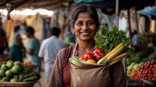 Portrait Of Happy Elderly Woman In Shop Selling Organic Produce, Fresh Organic Farm Vegetables And Fruits At Farmers Market