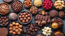  A Table Topped With Lots Of Different Types Of Chocolates And Candies On Top Of Each Of The Chocolates Is In A Black Bowl And On The Side Of The Table.