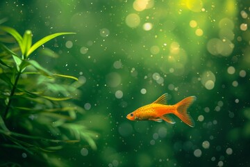 Wall Mural - A graceful goldfish glides through the tranquil waters of its aquarium, a beautiful embodiment of the intricate balance of life and survival in the vast world of marine biology