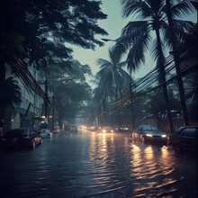 Tropical Rainstorm Awaterlogged Street Withpalm Trees Swaying Monsoon Season Real Picture Depth Of F Generative AI