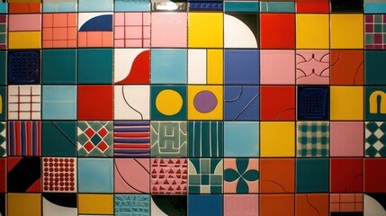 Poster -  a close up of a wall made up of many different colored blocks of tile with a clock in the middle of the middle of the wall and a clock on the right side of the wall.