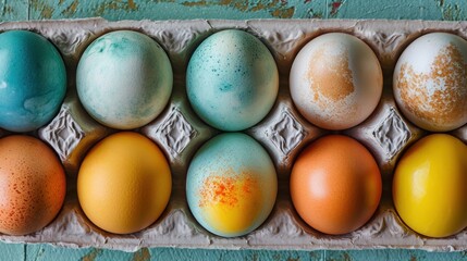 Wall Mural -  a carton filled with different colored eggs sitting on top of a blue and green tablecloth covered table next to an orange and yellow egg sitting in the middle of the carton.