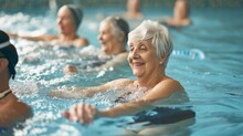 A Vibrant Group Of Elderly Ladies Revel In The Joy Of Swimming And Basking In The Refreshing Waters Of An Outdoor Pool At Their Local Leisure Centre, Their Faces Radiating With Happiness And Their Sw