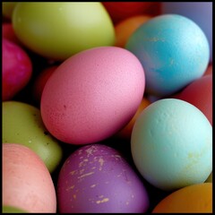 Poster -  a pile of colored eggs sitting next to each other on top of a pile of other colored eggs on top of a pile of other colored eggs on top of each other.