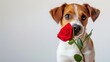 A lovable brown and white dog, representing the epitome of loyalty and companionship, tenderly holds a vibrant red rose in its mouth, bringing a touch of natural beauty to an indoor setting