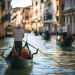 Traditional gondolas on a Venetian canal agondolier in striped shirt withancient buildings lining th Generative AI
