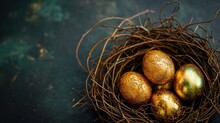  A Nest Filled With Golden Eggs Sitting On Top Of A Blue Counter Top Next To A Green And Gold Paint On The Top Of The Eggs And Bottom Of The Bird's Nest.