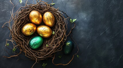 Sticker -  a bird's nest filled with golden eggs on top of a black table next to a green and gold painted egg on top of another nest with green eggs.