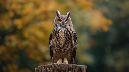Eurasian Eagle Owl sitting on the stump