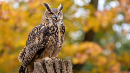 Eurasian Eagle Owl sitting on the stump