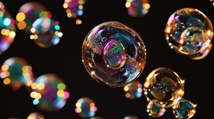 Sticker -  a group of soap bubbles floating on top of a black surface with multicolored bubbles floating on top of the bubbles and on the bottom of the bubbles is a black background.