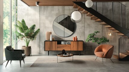 Sticker -  a living room filled with furniture and a stair case next to a table with a potted plant on top of it and a round mirror on the wall above it.